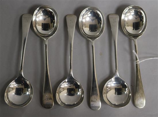 A set of six silver soup spoons, crested, 15.5oz gross